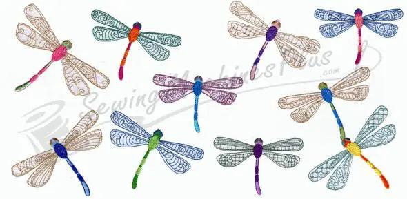 Oh My Dragonflies embroidery design set by Notcina Corporation/Generations Embroidery Systems; colorful dragonflies