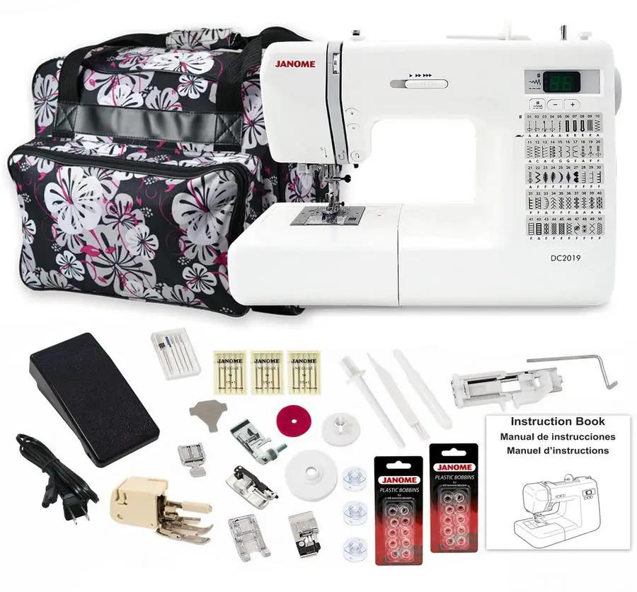 Janome DC2019 white computerized sewing machine with free bundle and floral tote bag.