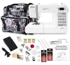 Janome DC2019 white computerized sewing machine with free bundle and floral tote bag.