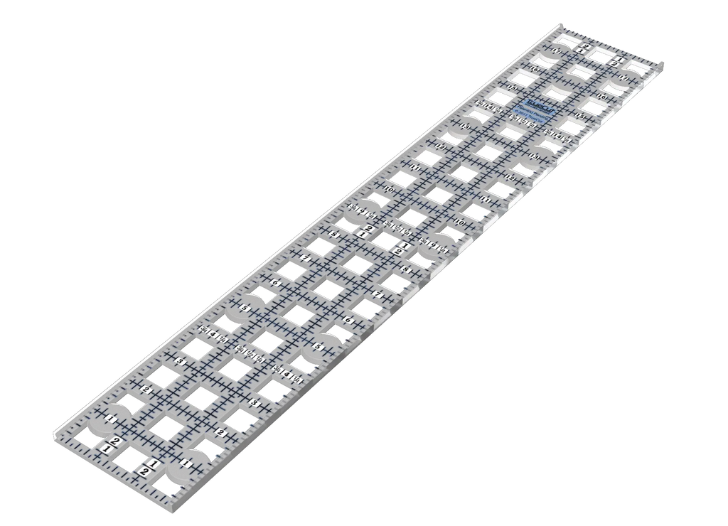 Grace TrueCut Original 3x18 inch metal ruler with square cutouts and blue measurement marks