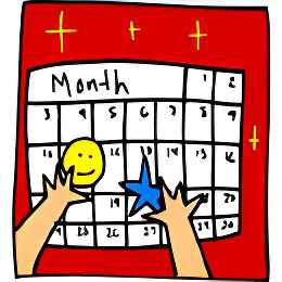 Calendar with hands holding a yellow smiley face and blue star 