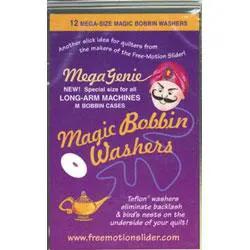 Mega Genie Magic Bobbin Washers purple packaging with yellow title text and 12 mega-size washers