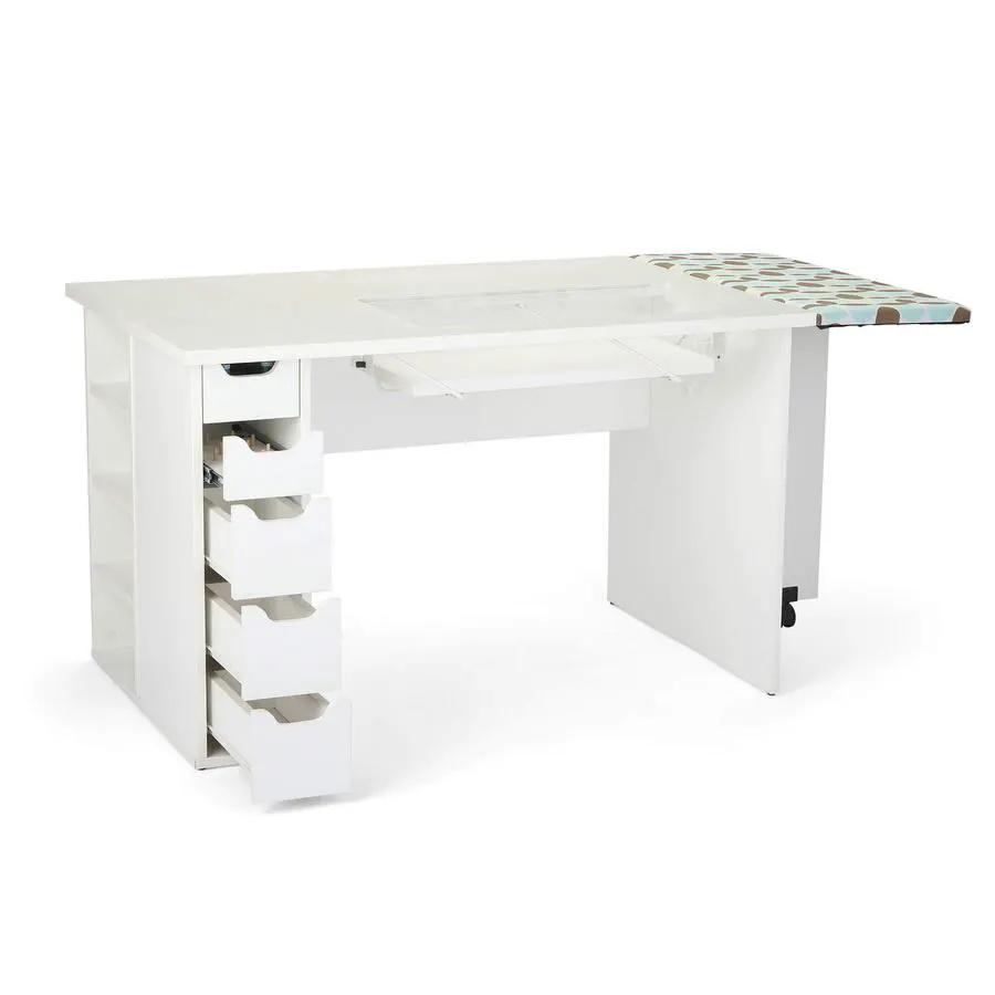 Arrow White Ginger Sewing Cabinet 62020; white sewing desk with multiple side drawers and extended work surface.