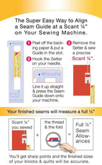 Guidelines 4 Quilting Seam Guide Setter with 6 seam guides; infographic showing setup and brand tag