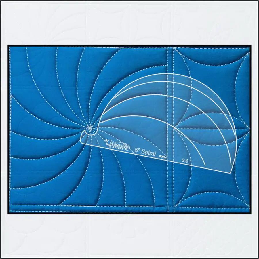 Sew Steady Ruler Work Kit on blue quilted fabric with white spiral ruler pattern
