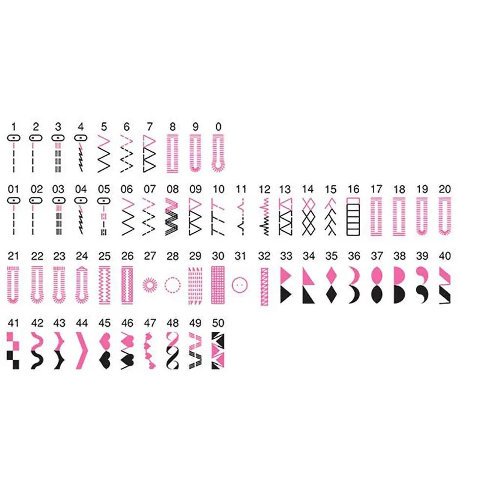 EverSewn Sparrow 30S sewing machine stitch pattern chart with pink and black icons