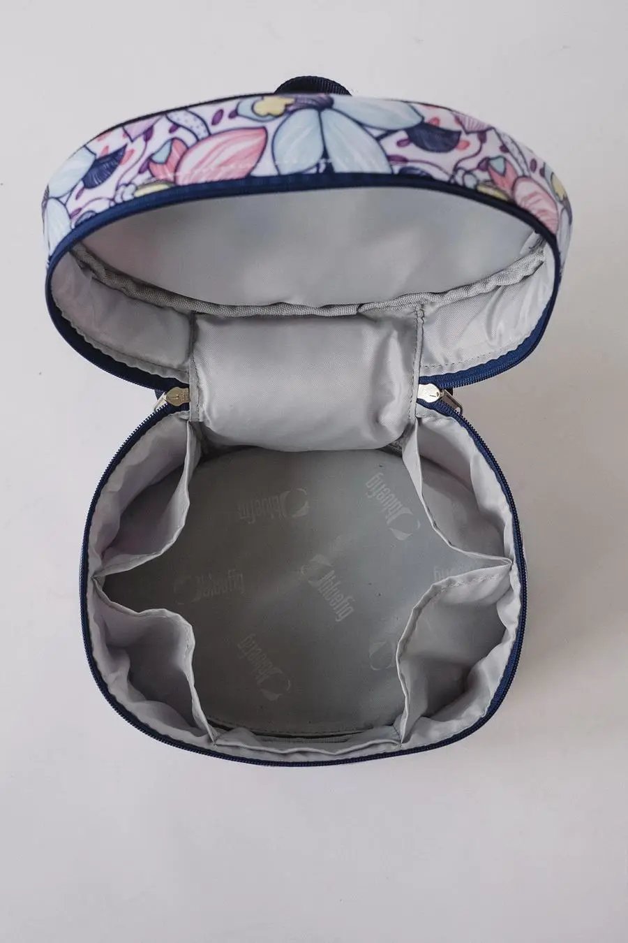 Bluefig Quilter Deluxe Maisy bag set; floral fabric exterior with gray interior and built-in divider pockets