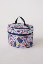 Bluefig Quilter Deluxe Maisy round project bag in pastel floral print with navy zipper
