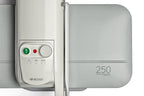Elnapress EP250 steam press with white body, gray pressing plate, control panel featuring green power button and Elna logo.