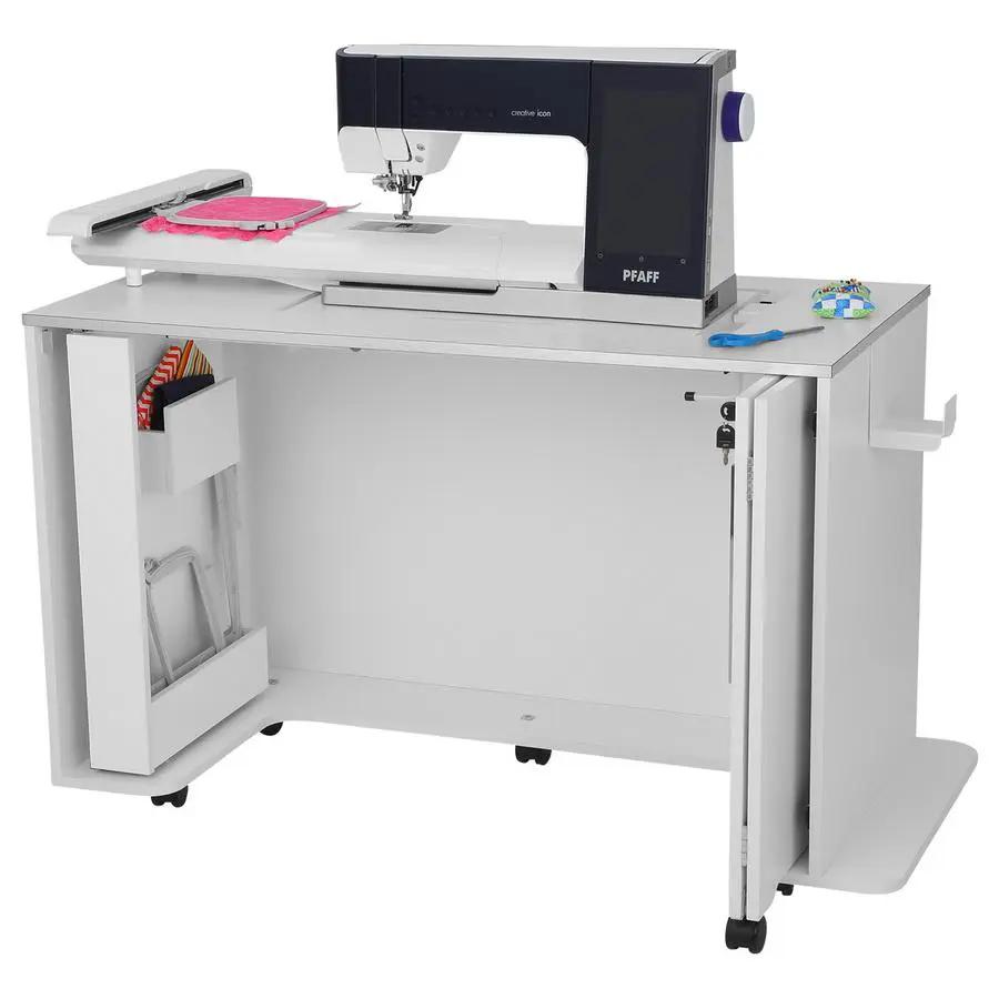 Arrow Chrome Cabinet with Manual Lift sewing cabinet on wheels, white with Pfaff sewing machine on top.