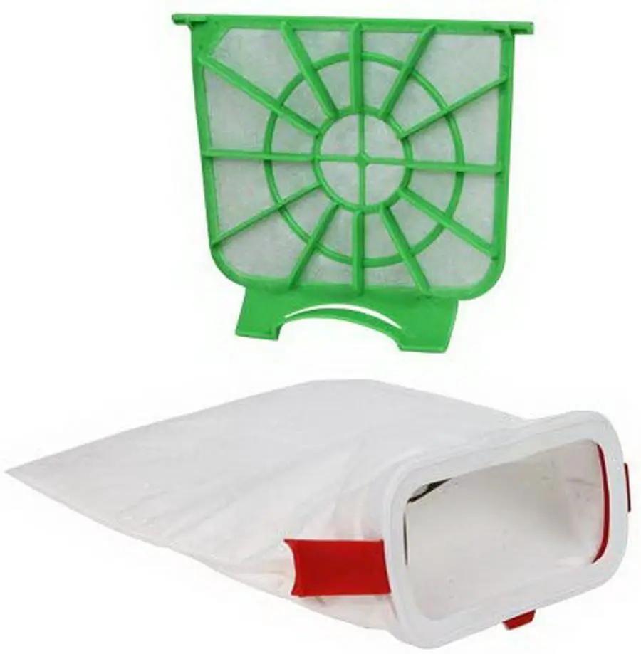 SEBO AIRBELT E filter set: motor protection filter (green circular) and micro exhaust filter (white bag), 2-piece.