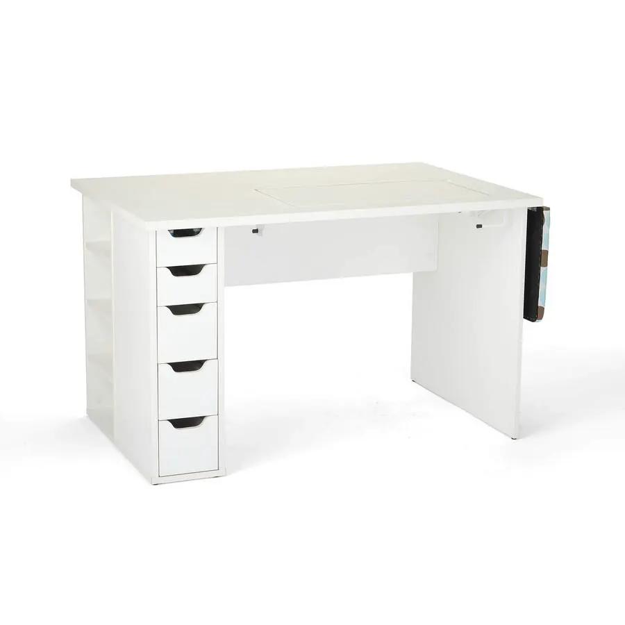 Arrow White Ginger Sewing Cabinet 62020 with five-drawer left pedestal and white desk workspace