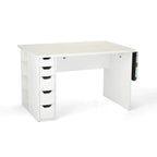 Arrow White Ginger Sewing Cabinet 62020 with five-drawer left pedestal and white desk workspace