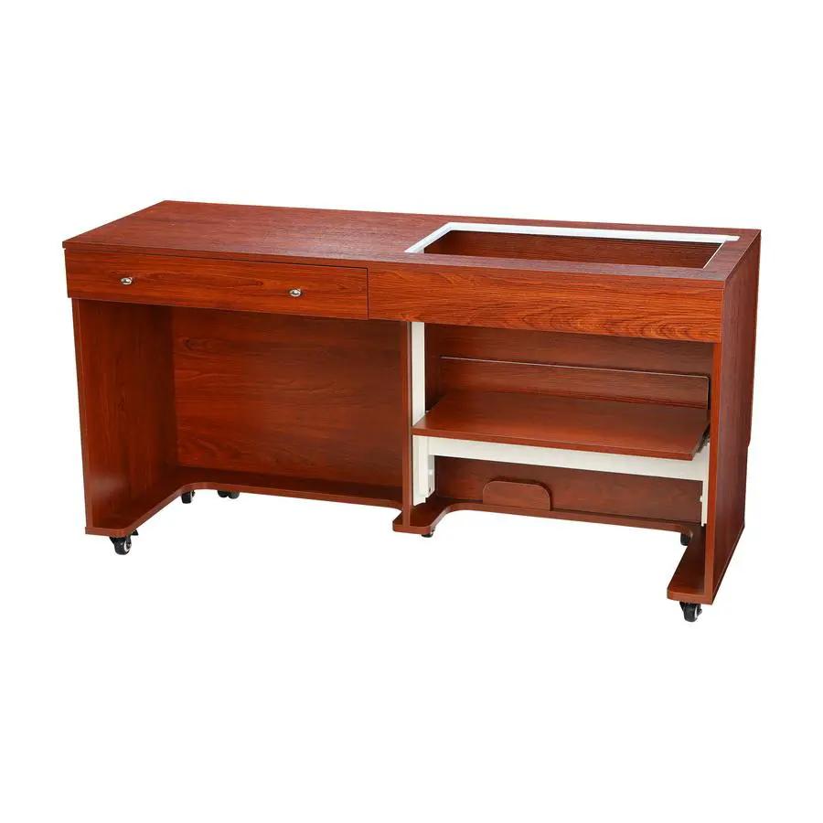 Kangaroo II Sewing Cabinet from Kangaroo Sewing Furniture in teak with wheels, featuring top drawers and open storage.