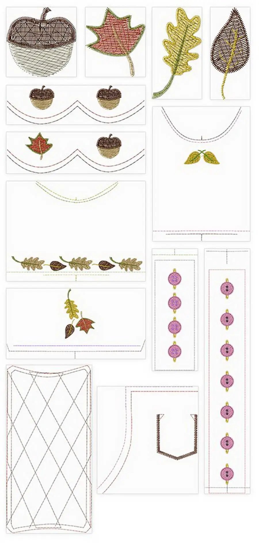 DIME embroidery designs from Dollicious Fall Fashions Collection; autumn leaves and acorn motifs.