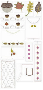DIME embroidery designs from Dollicious Fall Fashions Collection; autumn leaves and acorn motifs.