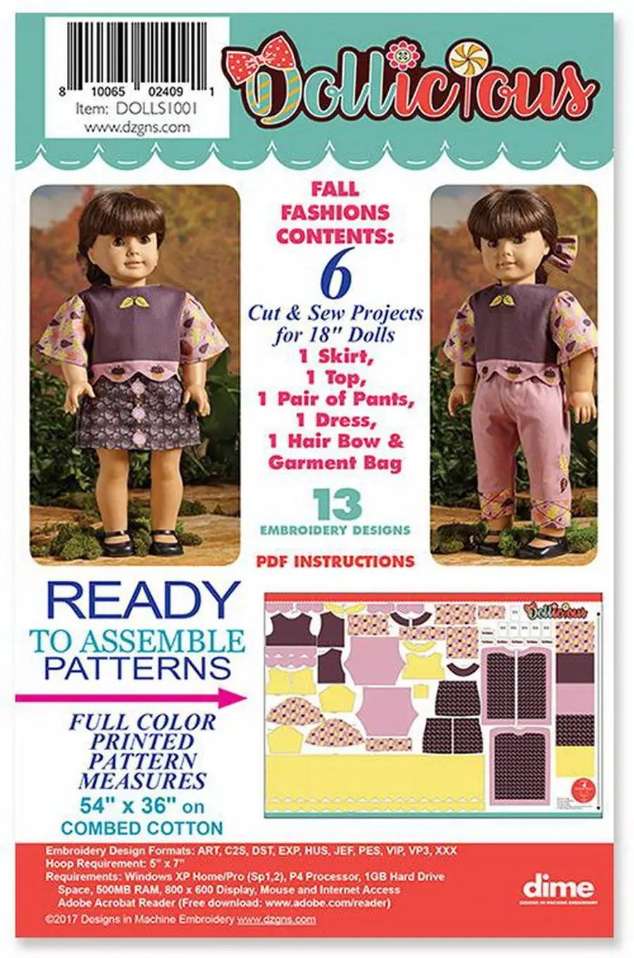DIME Dollicious Fall Fashions Embroidery Designs packaging; 2 dolls and 13 full-color patterns for 18-inch dolls