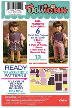 DIME Dollicious Fall Fashions Embroidery Designs packaging; 2 dolls and 13 full-color patterns for 18-inch dolls