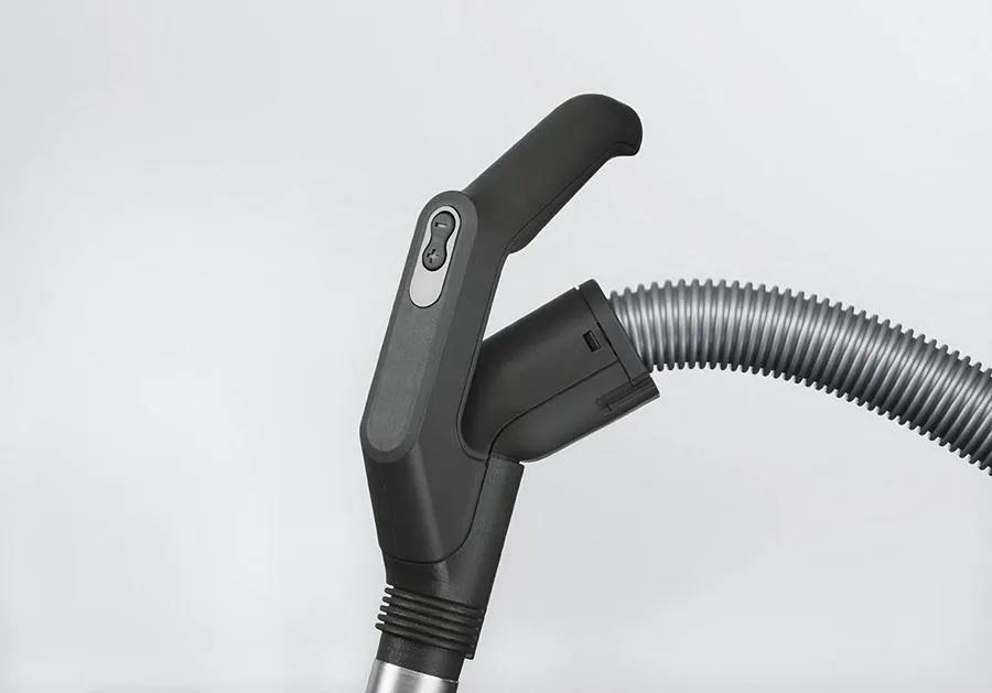 SEBO AIRBELT D4 Premium canister vacuum, black, with flexible hose and wand.