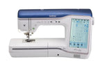 Brother Stellaire Innov-is XJ1 sewing and embroidery machine with blue top and touchscreen display.
