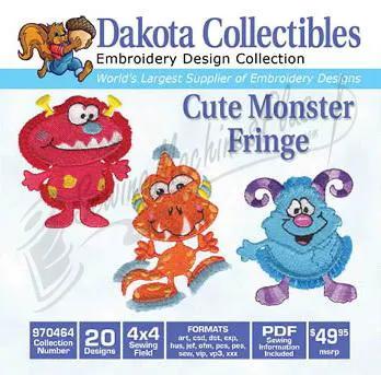 Dakota Collectibles Cute Monster Fringe embroidery designs; three colorful monsters in red, orange, and blue