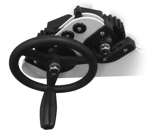 Handi Quilter hand wheel assembly for HQ Studio I & II quilting frame; black wheel with silver mounting plate.