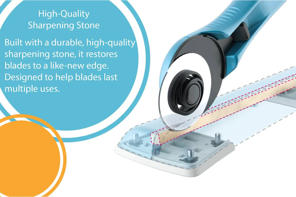 Grace TrueCut Sharpener, blue rotary cutter with black sharpening wheel by Grace Company.