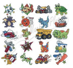 Embroidery designs set Fun For Boys by Dakota Collectibles; colorful animal and vehicle motifs.