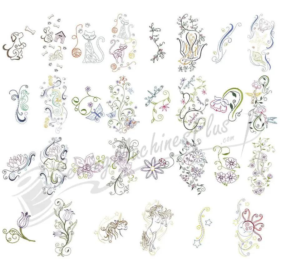 Embroidery design set Jazzy Jeans #2 by Dakota Collectibles, featuring pastel floral motifs and playful animal designs.