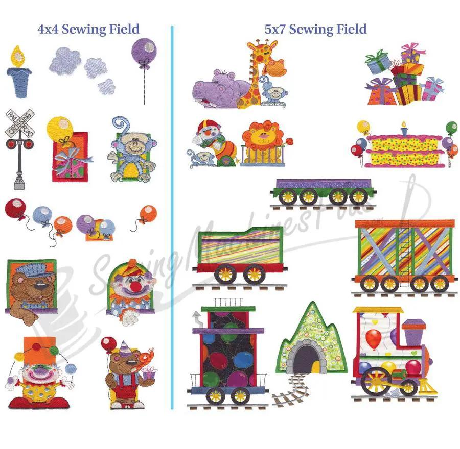 Dakota Collectibles Build A Train embroidery designs set with bright train cars and playful figures.