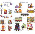 Dakota Collectibles Build A Train embroidery designs set with bright train cars and playful figures.