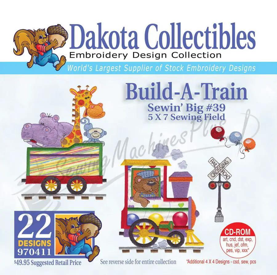 Build-A-Train embroidery designs by Dakota Collectibles; 22 designs on CD-ROM, colorful train motifs