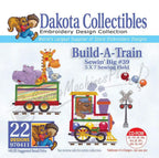 Build-A-Train embroidery designs by Dakota Collectibles; 22 designs on CD-ROM, colorful train motifs