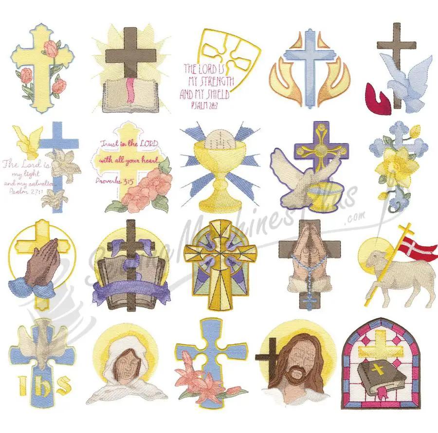 Embroidery design set by Dakota Collectibles, Expressions of Christianity, 25 colorful religious icons.