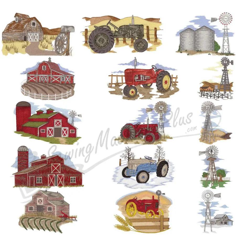 Dakota Collectibles embroidery design set featuring big tractors, red barns and windmills (12 farm scenes)
