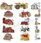 Dakota Collectibles embroidery design set featuring big tractors, red barns and windmills (12 farm scenes)