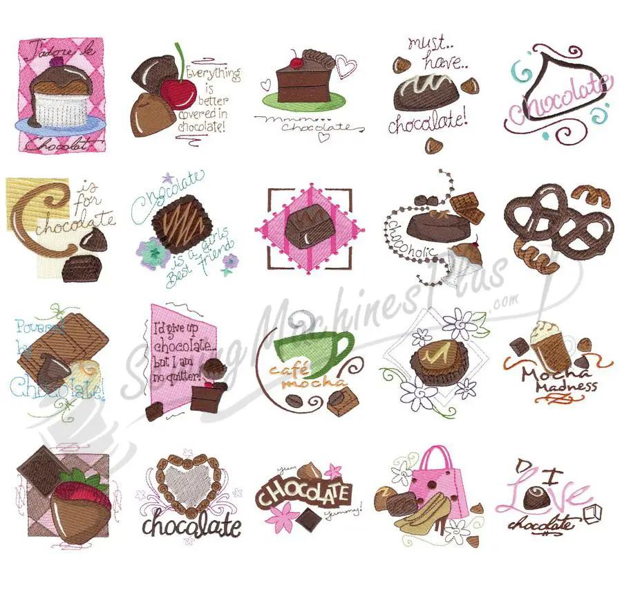 Dakota Collectibles Simply Chocolate embroidery design set with 20 chocolate motifs in assorted colors.