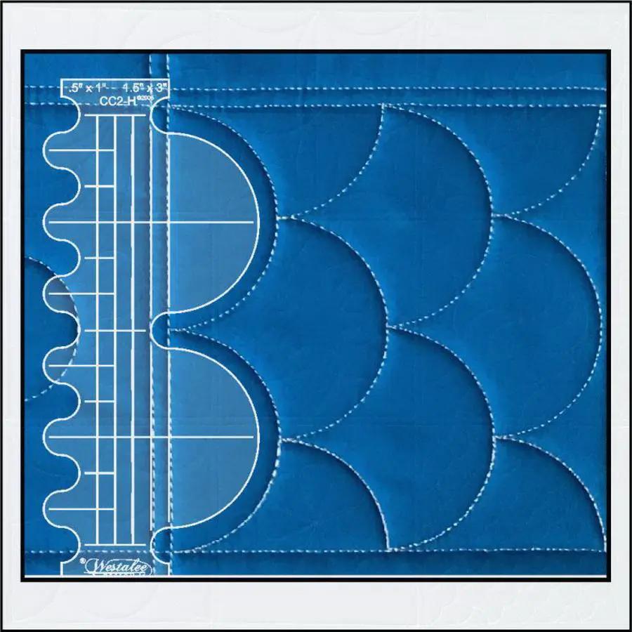 Ruler Work Kit from Sew Steady, blue Westalee quilting ruler with curved arc patterns and grid lines.