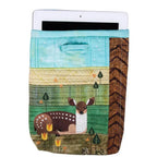 Anita Goodesign Landscape Animals sewing pattern; quilted tablet sleeve with deer in turquoise and green landscape.