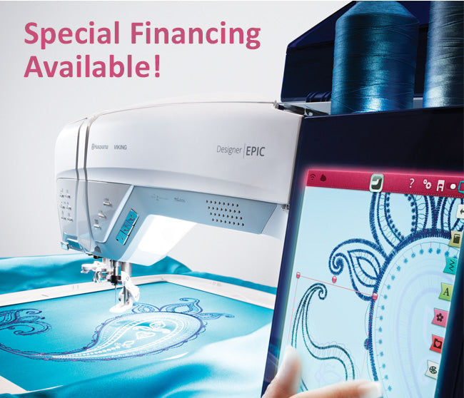 A sewing machine with a digital screen displays intricate designs on fabric, accompanied by a message about special financing.