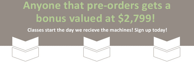 Promotional banner announcing a $2,799 bonus for pre-orders. Classes begin upon machine arrival. Encouragement to sign up today.