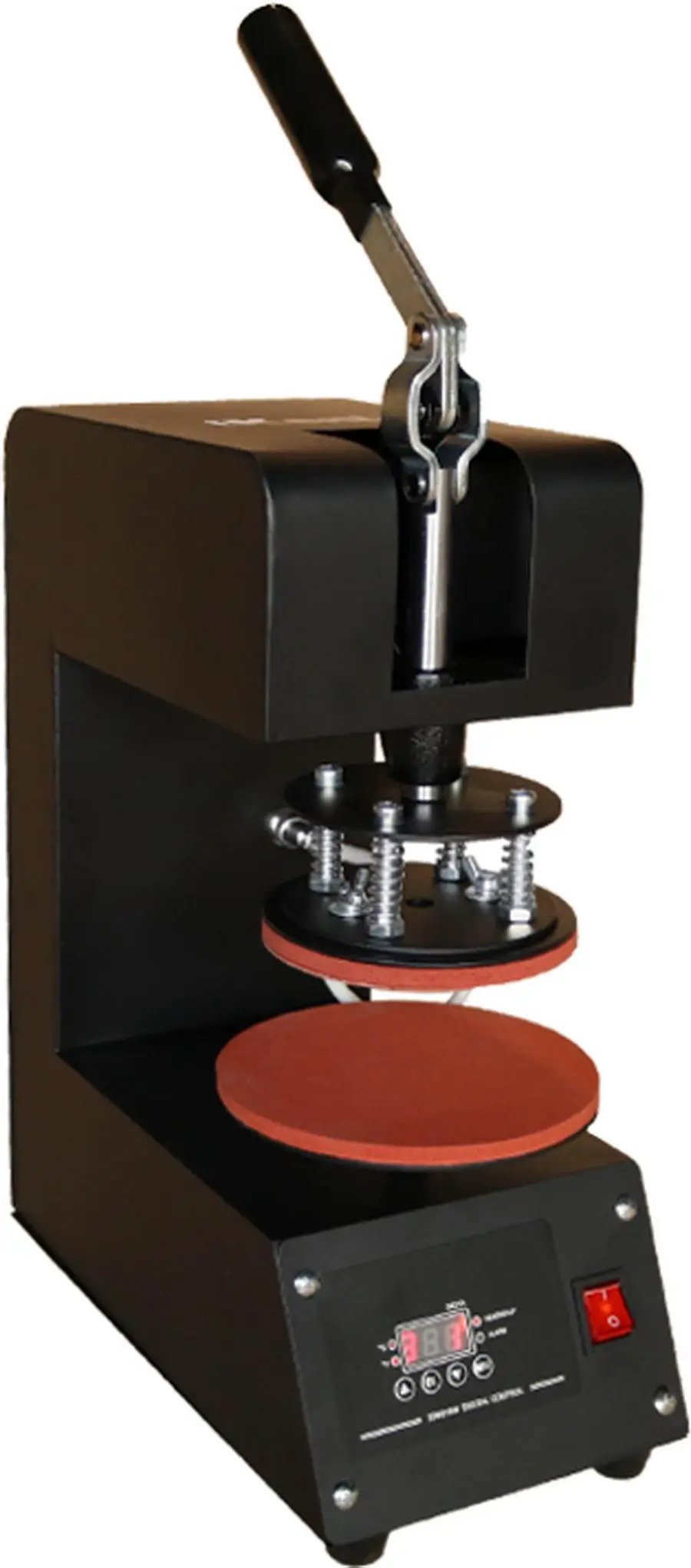 Ricoma plate heat press HP-08P/HP-10P, black compact press with red circular platens and digital control.