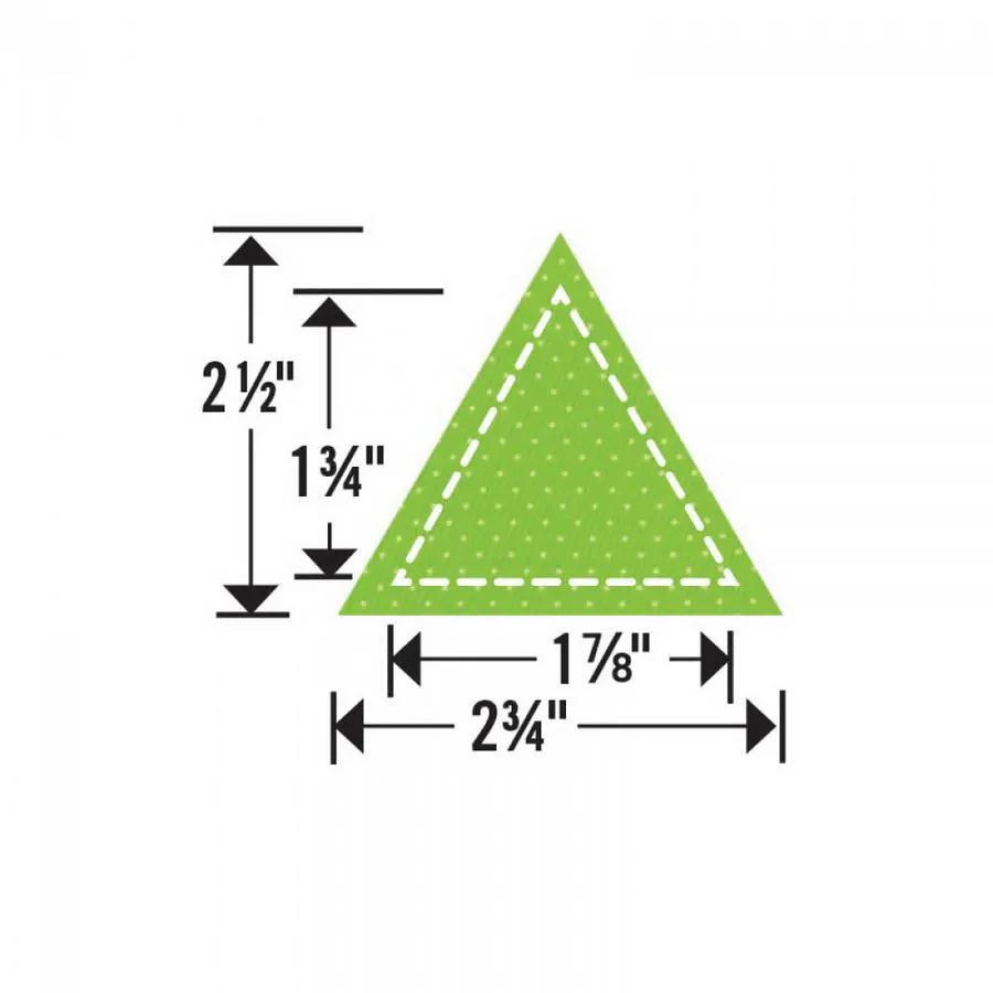 Sizzix Bigz Die Triangles, Equilateral, green triangle with dashed inner outline, measures 2 1/2 in high by 2 3/4 in wide