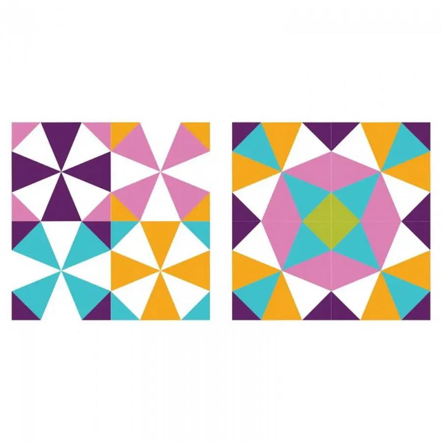 Two Sizzix Bigz L Kaleidoscope dies; assembled kaleidoscope pattern squares in multicolor purple, pink, teal, orange