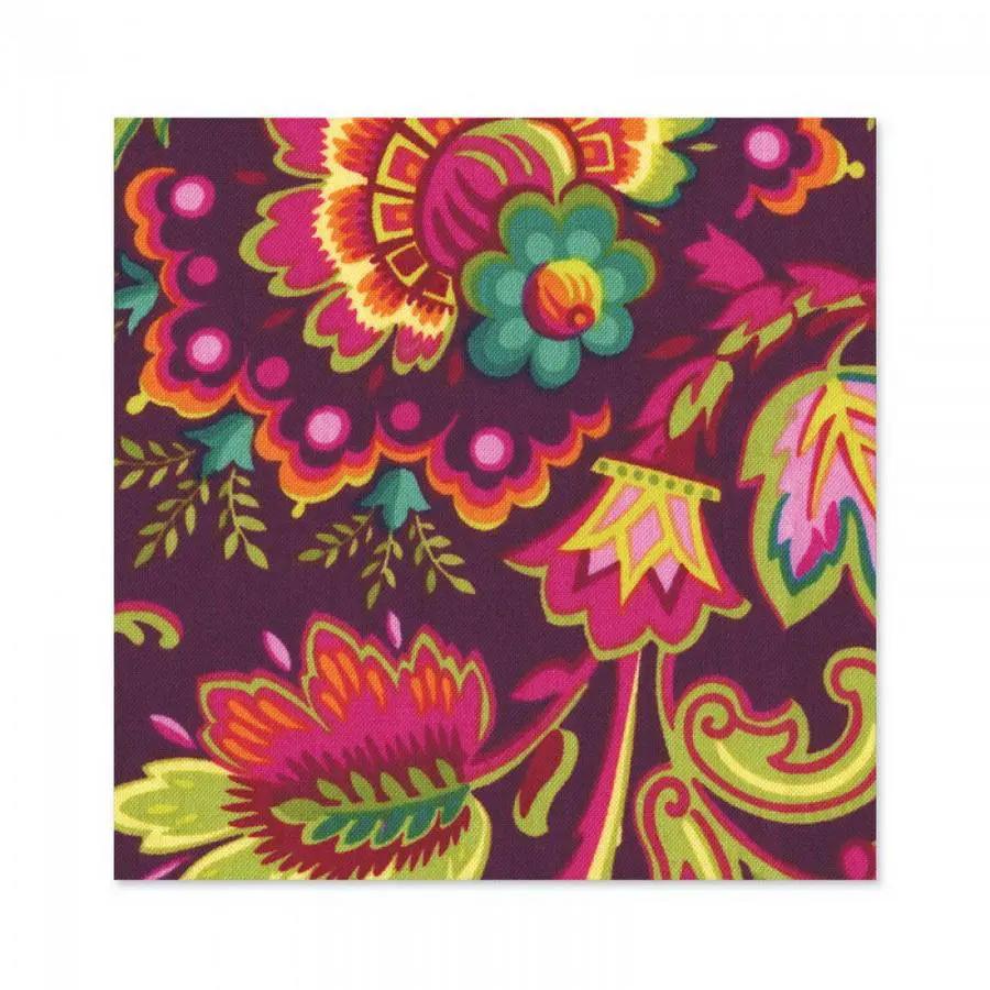 Square die design sample with a vivid purple floral pattern.