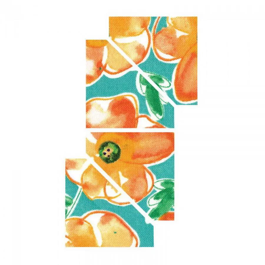 Sizzix Bigz Die Half-Square Triangles 1 1/2 in assembled square; four orange floral pieces on teal background
