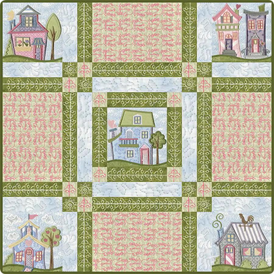 Embroidery designs by Anita Goodesign: Free Motion Frenzy Premium Plus PRPL02 quilt pattern with pastel houses
