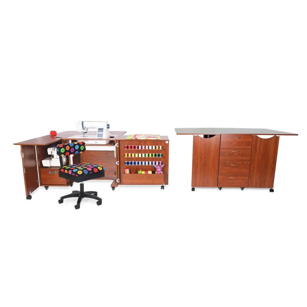 Kangaroo Sewing Furniture Wallaby II Studio Teak sewing cabinet set, three-piece with rolling storage and thread racks