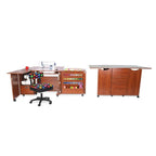 Kangaroo Sewing Furniture Wallaby II Studio Teak sewing cabinet set, three-piece with rolling storage and thread racks