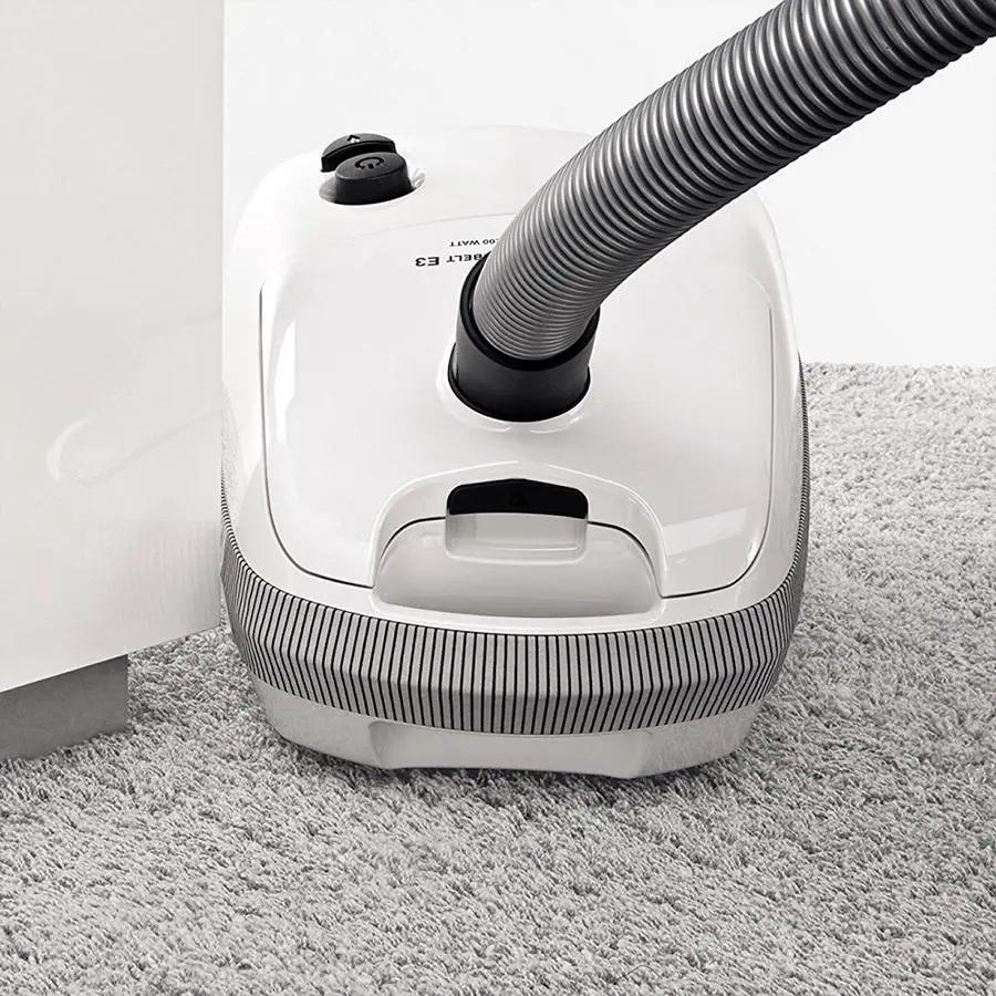 SEBO AIRBELT E3 Premium canister vacuum in Arctic White with corrugated hose